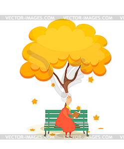 Old woman on bench. Elderly woman on park bench, - vector image