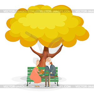 Old men on bench. Elderly couple on park bench unde - vector clipart