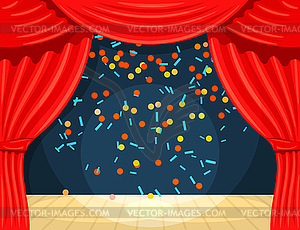 Cartoon theater with open curtain and rays of - vector image