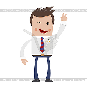 Wink Businessman with VIP badge with raised hand an - vector clip art