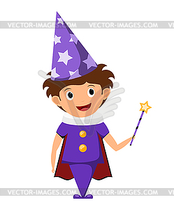 Little magician. child in purple suit and cap with - vector clip art