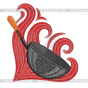 Big black pan with stylized red flames. Stock - vector clipart