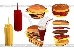 Low poly fast food. Set of fast foo - vector image