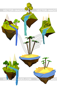 Set of colored flying islands with trees, - vector clip art