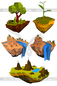 Set of colored flying islands with trees, - vector clipart