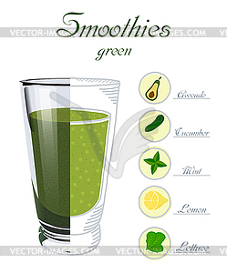 Glass cup with mint smoothies, salad, l - vector image