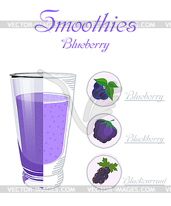 Glass cup smoothie with blueberries, bl - vector clipart