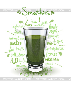 High glass cup with green smoothies. Healt - color vector clipart