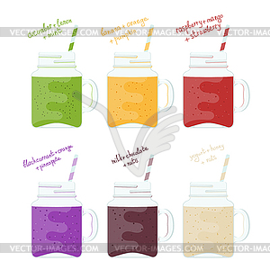 Set of glass jars with colorful smoothies. Natural - vector clipart