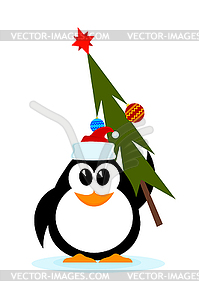 Little cheerful penguin with Christmas tree in hat - vector clipart