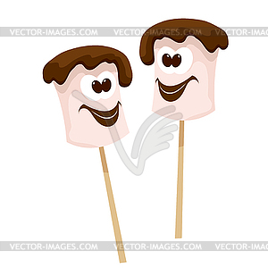 Two sticks with marshmallows with chocolate in - vector clip art