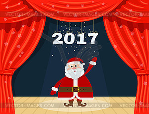 Open red theater curtain with stars and Santa Claus - color vector clipart