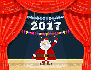 Open red theater curtain with stars, snowflakes, - vector image