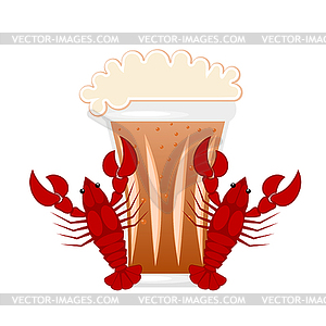 Beer mugs with red crayfish on white - vector clipart