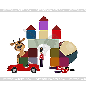 Set of children`s toys. Cow, soldier, cubes, - vector EPS clipart