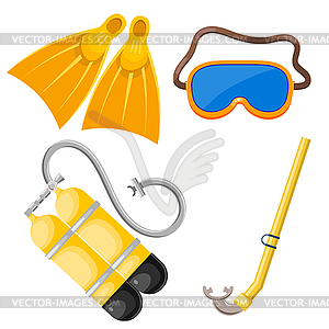 Set of abstract objects for diving. Mask, snorkel, - vector clipart