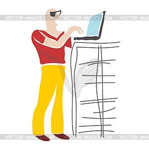 Abstract color Cartoon man with laptop. Flat vect - vector image