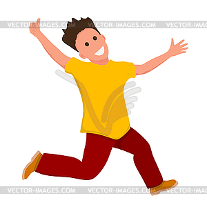 Happy laughing jumping young guy. Flat style joy bo - vector clipart