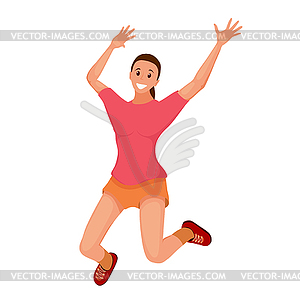 Merry laughing jumping young girl. Flat style joyfu - vector image