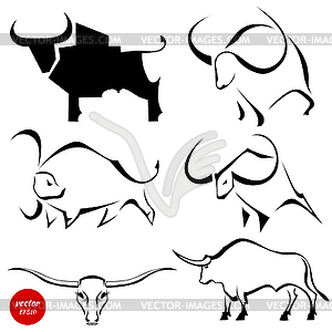 Set of black images of wild bulls. Abstract stylize - vector clip art