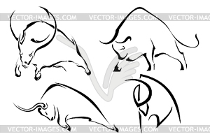 Set of black abstract images of wild bulls. - vector clipart