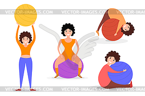 Set of flat image style girl sport with fitness - vector image