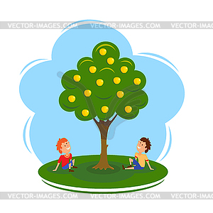 Boys near apple tree. Cartoon an appl - vector clipart