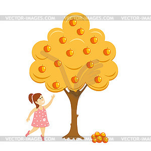 Girl near apple tree. Abstract little girl - vector image