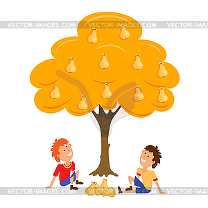 Two boys near Tree pear. Cartoon an T - vector image