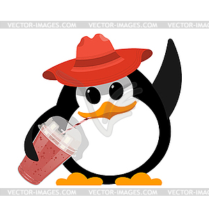 Color small cute penguin in red hat with glass - vector clipart