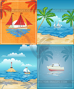 Set Sailboats in sea. Tropical beach with palm - vector clipart