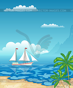 Sailboat in sea. Tropical beach with palm trees - vector image