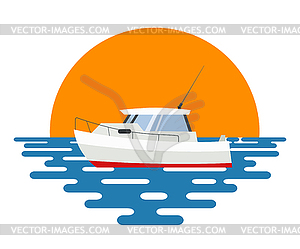 Small yacht with stylized sea and sunset. symbol - vector clipart