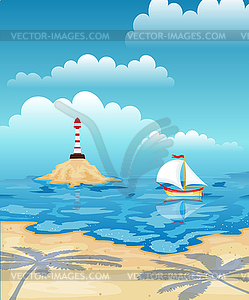 Sailboat in sea and lighthouse. Tropical beach - vector clip art