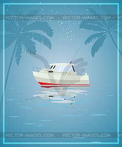 Blue postcard with ship. Rest in tropics. illustrat - vector clipart