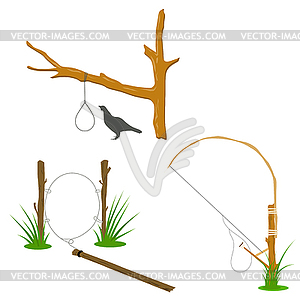 Set of hunting traps. Metal hinges on tree - huntin - vector clip art