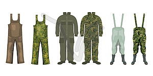 Set of overalls for hunting and fishing with - royalty-free vector clipart