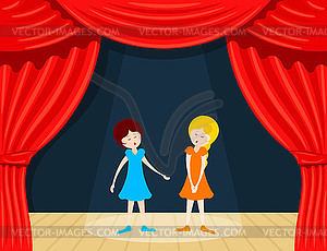 Две девушки поют на сцене с красными закулисами. - векторное изображение клипарта
