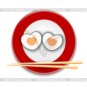 Sushi with salmon in form of heart on red plate. - vector image