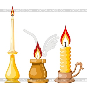 Cartoon of candle. Set of yellow candles with flame - vector clip art