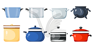 Set of kitchen pans in style of card. kitchen - vector clipart