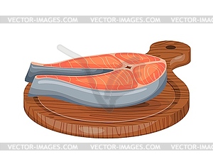 Colored piece of fresh salmon on wooden cutting - vector clip art