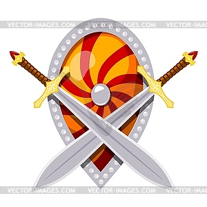 Color shield and swords. two crossed swords and - color vector clipart