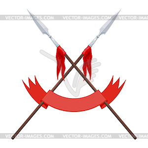 Two spears, flag and red ribbon. heraldic sign - - vector image