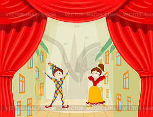 Children`s Theater. scene with two young actors - vector clipart