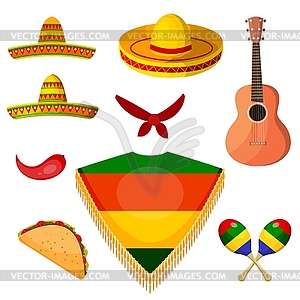 Set of items in national style of Mexican musician - vector image