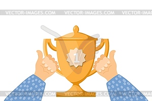 Concept of victory. Two men`s hands hold gold cup. - vector clipart