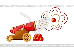 Vintage gun. Color medieval cannon firing. Cartoon - vector clipart