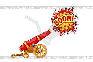 Vintage gun. Color medieval cannon firing. Cartoon - vector image