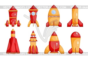 Set of bright red and yellow rockets in cartoon - vector image